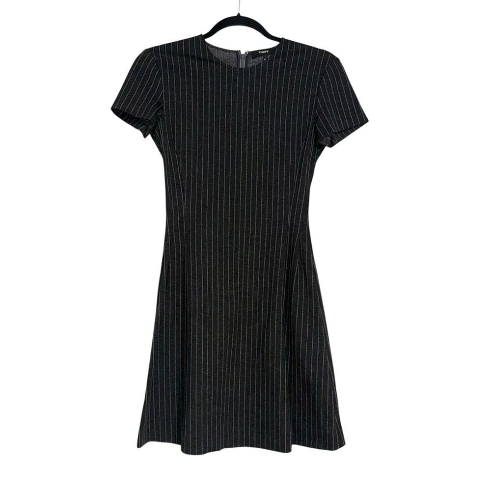 Theory Corset Tee Black Pinstripe Short Sleeve Fit and Flare Mini Dress 00